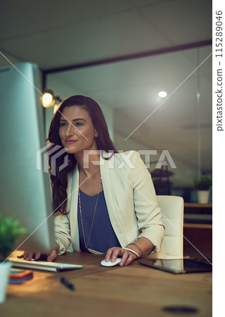 Office, computer and professional woman at night working late on online project, planning and reading email. Corporate, business and person on PC monitor for proposal review, website and research Office, computer and professional woman at night working late on online project, planning and reading email. Corporate, business and person on PC monitor for proposal review, website and research 115289046