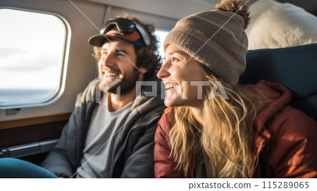 Cheerful young adult couple travelling by train, responsible travel concept 115289065