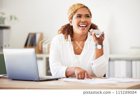 Black woman, office and phone with voice recording and laugh at desk with paperwork and document. Work, professional and public relations employee with mobile conversation and online communication 115289084