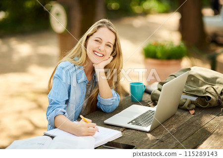 Female student, laptop and writing in portrait, smile and study with coffee, thinking and outdoor for elearning. Woman, tech and books in education, development and university in college or school 115289143