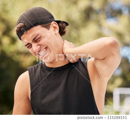 Young, neck and spine injury of man in pain from outdoor summer recreation activity and lifestyle. Gen z, youth and active person with health problem from accident, fail and physical trauma. 115289151