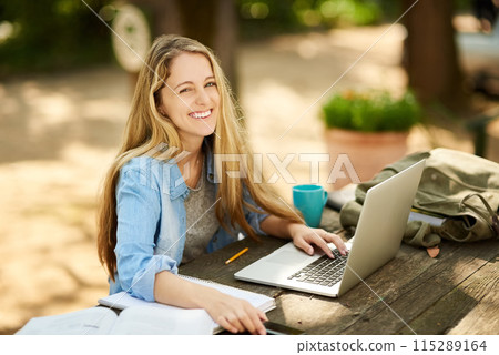 Female student, laptop and books in portrait, smile and study with coffee, backpack and outdoor for elearning. Girl, tech and notes in education, development and university in college or school 115289164
