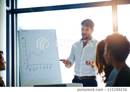 Whiteboard, presentation and businessman training team, planning or brainstorming in startup office meeting. Group, speaker and financial consultant with data, graph or erp statistics for coaching 115289238