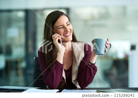 Businesswoman, office and call on smartphone with coffee at desk for lunch break with happy. Creative writing, positive and notes for inspiration in France with professional editing or research. Businesswoman, office and call on smartphone with coffee at desk for lunch break with happy. Creative writing, positive and notes for inspiration in France with professional editing or research. 115289241