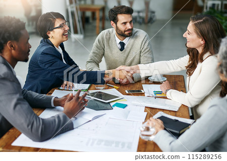 Team, handshake and agreement in office for business, partnership and project management in corporate with tech. Group, paperwork and client in deal, strategy or collaboration in meeting for contract Team, handshake and agreement in office for business, partnership and project management in corporate with tech. Group, paperwork and client in deal, strategy or collaboration in meeting for contract 115289256