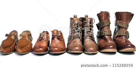 Boots, fashion and studio for footwear, casual and leather style on white background in row. Pair, military shoes and accessory for winter outfit, vintage and retro comfortable trend on backdrop 115289359