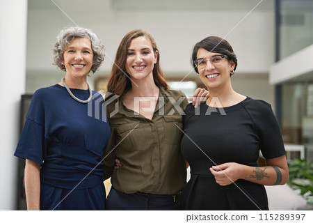 Smile, business women or portrait in office for collaboration, partnership and teamwork in company. Happy, group or employees with senior female person in support for leadership and mentorship 115289397