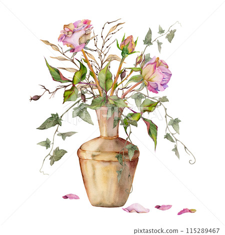 Hand drawn watercolor illustration shabby boho botanical flowers leaves. Dusty pink tea rose, ivy tendrils, lunaria branches. Bouquet isolated on white background. Design wedding, floral shop cards 115289467