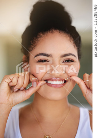 Smile, floss and portrait of woman with cleaning teeth routine for morning dental health for gums. Happy, dentistry and female person with oral care product for hygiene treatment to prevent cavity. Smile, floss and portrait of woman with cleaning teeth routine for morning dental health for gums. Happy, dentistry and female person with oral care product for hygiene treatment to prevent cavity. 115289469