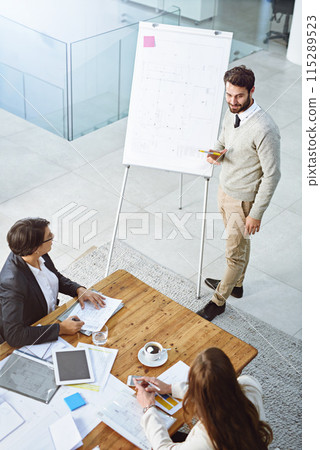 Above, man and presentation for business people on whiteboard for training, blueprint or ideas in office. Architecture, audience and speaker with proposal, company pitch and clients attention Above, man and presentation for business people on whiteboard for training, blueprint or ideas in office. Architecture, audience and speaker with proposal, company pitch and clients attention 115289523