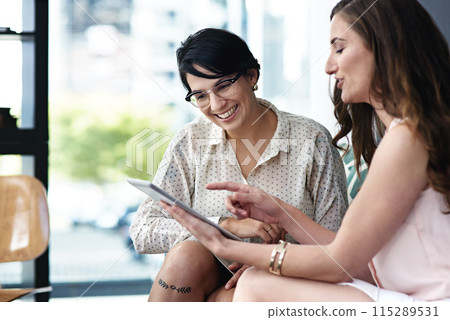 Tablet, businesspeople and meeting in office with talk for digital in company with advice or consult. Plan, partnership and technology for communication with teamwork or collaboration in Europe. 115289531