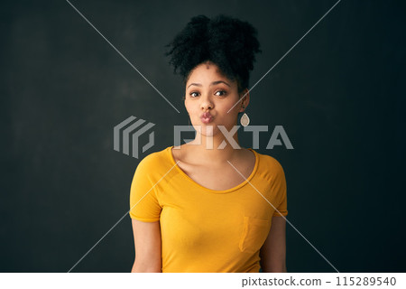 Confident, portrait and black girl with pout, studio and Gen z in tshirt, beauty and funny with look, goofy and crazy. University student, scholarship and proud to study in England for education Confident, portrait and black girl with pout, studio and Gen z in tshirt, beauty and funny with look, goofy and crazy. University student, scholarship and proud to study in England for education 115289540