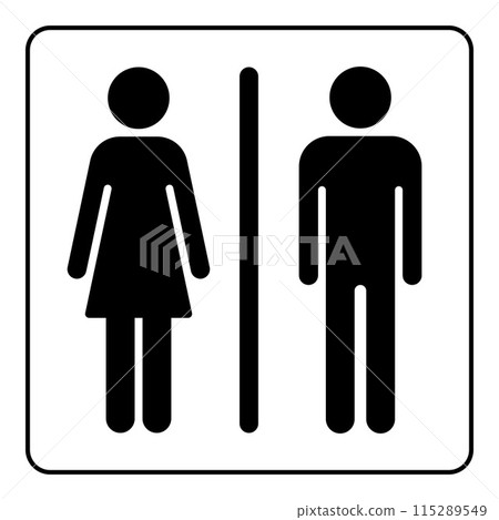 Restroom sign, WC toilet symbol of men and women silhouette shape, black and white vector illustration 115289549