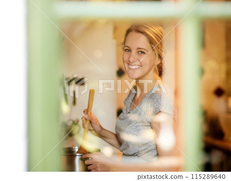Cooking, window or portrait of happy woman in kitchen for food, wellness or nutrition for healthy dish. Mixing, supper or proud girl with smile in home for lunch meal prep, vegan diet or dinner pot 115289640