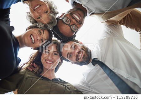 Business people, face and huddle with smile together for company support, trust and team building. Happy, group circle and partnership for corporate mission, target and goal with collaboration Business people, face and huddle with smile together for company support, trust and team building. Happy, group circle and partnership for corporate mission, target and goal with collaboration 115289716