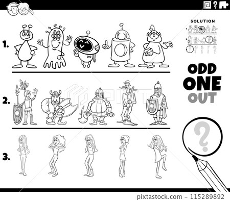 odd one out activity game with cartoon characters coloring page 115289892