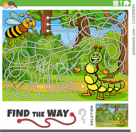 maze activity game with cartoon bee and caterpillar insects maze activity game with cartoon bee and caterpillar insects 115289894