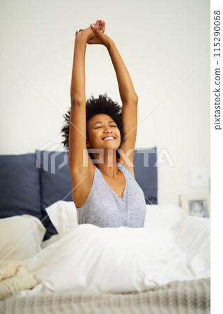 Back woman, home and bed with stretching arms in smile for waking up, relax and enjoy for break. Eyes closed, female person and happy in bedroom, fun and wellbeing in morning on day off and positive Back woman, home and bed with stretching arms in smile for waking up, relax and enjoy for break. Eyes closed, female person and happy in bedroom, fun and wellbeing in morning on day off and positive 115290068