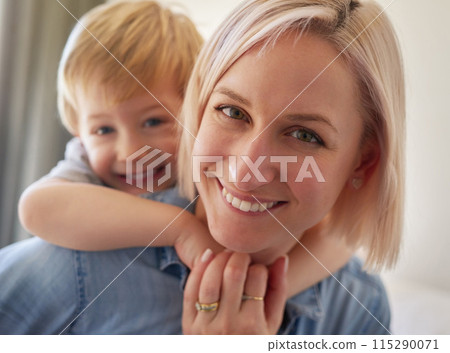 Mom, boy and portrait with piggyback in family home for love, happiness and care in apartment. Woman, child and mothers day celebration in bedroom with hug, gratitude and smile with parent for bond 115290071