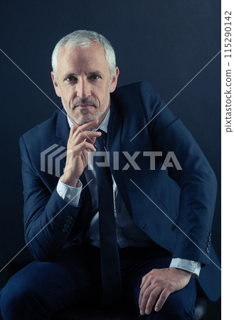 Businessman, mature and portrait with thinking on dark background with confidence for manager or ceo. Corporate, trust and happy for ambition with boss for oil company in Germany with pride for work. 115290142