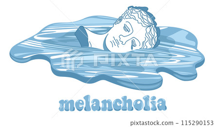 Antique statue in a puddle. Melancholia concept. Blue color Antique statue in a puddle. Melancholia concept. Blue color 115290153