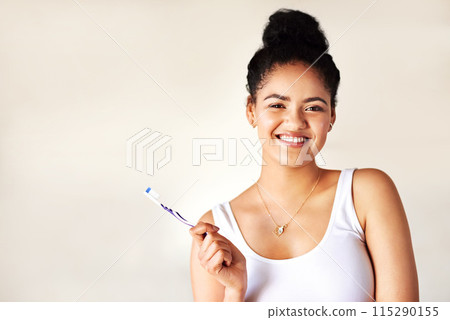 Smile, oral health and portrait of woman with toothbrush for morning hygiene routine in studio. Happy, clean and person with dental care product for plaque, gums and breath by white background mockup 115290155