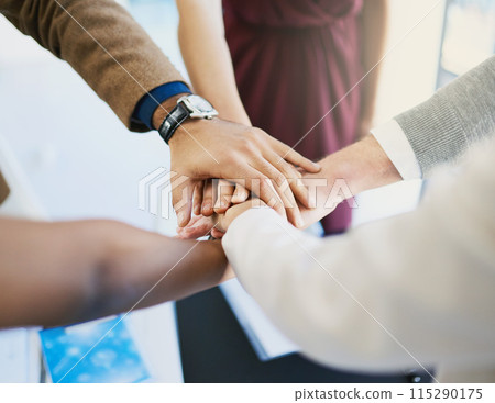 Hands, huddle and support with business people closeup in creative workplace for solidarity or unity. Collaboration, success and team building with employee designer group in office together Hands, huddle and support with business people closeup in creative workplace for solidarity or unity. Collaboration, success and team building with employee designer group in office together 115290175