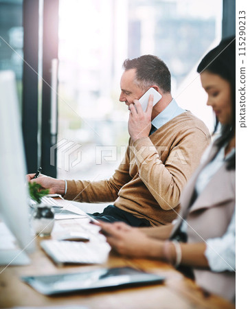 Phone call, business and mature man in workplace for discussion, schedule or confirm meeting with client. Conversation, technology and consulting agent for networking, negotiation or feedback on deal Phone call, business and mature man in workplace for discussion, schedule or confirm meeting with client. Conversation, technology and consulting agent for networking, negotiation or feedback on deal 115290213