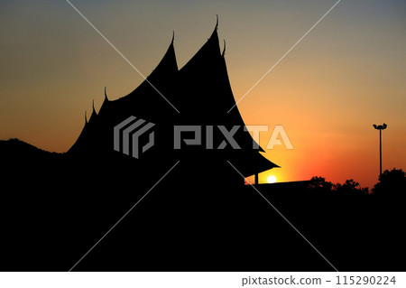 Silhouette of Thai temple in Thailand on sunset background, Southeast Asia. 115290224