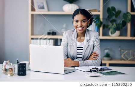 Office, smile and portrait of woman at laptop for research, business review or online report at agency. Budget, planning and consultant at desk with computer, confidence and financial risk management Office, smile and portrait of woman at laptop for research, business review or online report at agency. Budget, planning and consultant at desk with computer, confidence and financial risk management 115290230