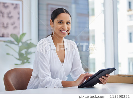 Business, woman and happy with tablet in office for internet search or website for ideas. Portrait, entrepreneur and smile with confidence as architect for building plans or online blue prints 115290231
