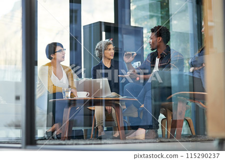 Glass wall, laptop and business people in meeting, planning and conversation with ideas in office. Group, staff or employee with computer, brainstorming or cooperation with creative agency or choice 115290237