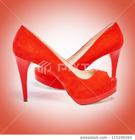 High heels, fashion and women shoes in studio for luxury, designer and retail sale or discount. Elegance, stylish and female footwear with fancy or formal accessory isolated by red background. 115290264