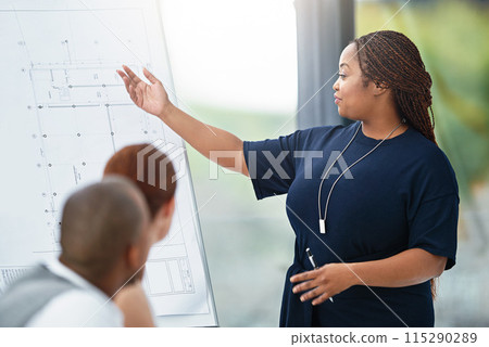 Woman, presentation and architecture blueprints in meeting or remodel, proposal or brainstorming. Female person, clients and designer pitch for building development or floor plan, ideas or review 115290289
