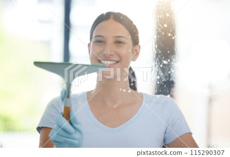 Window, woman and cleaning with detergent or spray, hygiene and product for hospitality, maintenance and service. Cleaner, glass door and chemical for housekeeping with gloves and wipe liquid away 115290307