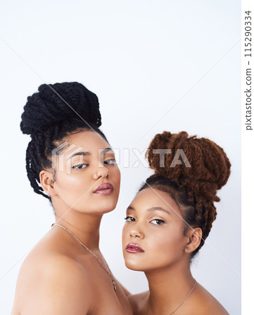 Woman, portrait and sister in studio for skincare with makeup, health and natural beauty. Serious, female person and family for cosmetics with hair, confidence and facial for wellness with skin glow Woman, portrait and sister in studio for skincare with makeup, health and natural beauty. Serious, female person and family for cosmetics with hair, confidence and facial for wellness with skin glow 115290334