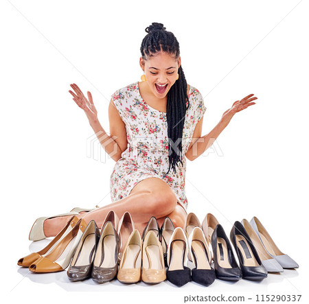 Choice, high heels and surprised woman in studio for fashion sale, shopping or designer footwear with white background. Decision, shoes and person for luxury items, trendy style or wow discount Choice, high heels and surprised woman in studio for fashion sale, shopping or designer footwear with white background. Decision, shoes and person for luxury items, trendy style or wow discount 115290337