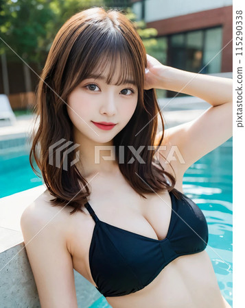 一個穿著泳衣的長髮女子在泳池裡溫柔地微笑 一個穿著泳衣的長髮女子在泳池裡溫柔地微笑 115290338