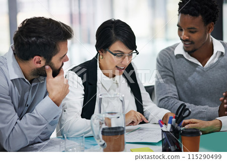 Business people, documents and meeting with team in collaboration on project, interior design or creative startup at office. Group of employees with paperwork. discussion or floor layout at workplace 115290499