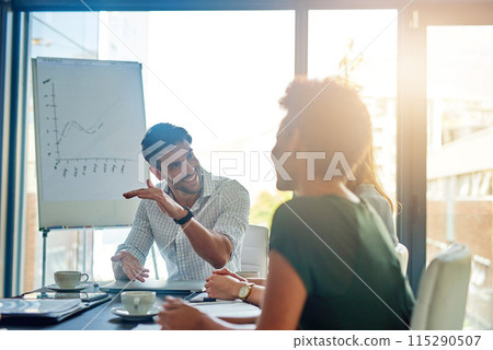 Speaker, presentation and businessman brainstorming to group, planning or training in startup office meeting. Happy team, manager and financial analyst with data, graph or erp statistics for coaching 115290507