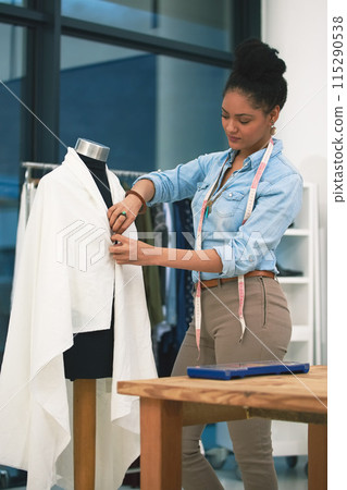 Fabric, fashion designer and woman with tape for measurement, designing and creativity with cloth. Small business, female person or service with tailor experience, design and professional boutique Fabric, fashion designer and woman with tape for measurement, designing and creativity with cloth. Small business, female person or service with tailor experience, design and professional boutique 115290538