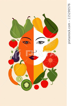 Illustrative depiction of a female face framed by fruits and vegetables for healthy nutrition and healthy skin Illustrative depiction of a female face framed by fruits and vegetables for healthy nutrition and healthy skin 115290576