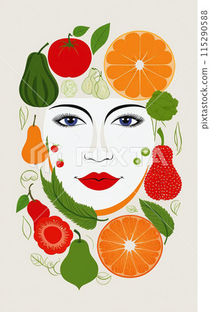 Illustrative depiction of a female face framed by fruits and vegetables for healthy nutrition and healthy skin 115290588