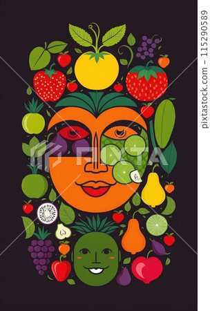 Illustrative depiction of a female face framed by fruits and vegetables for healthy nutrition and healthy skin Illustrative depiction of a female face framed by fruits and vegetables for healthy nutrition and healthy skin 115290589
