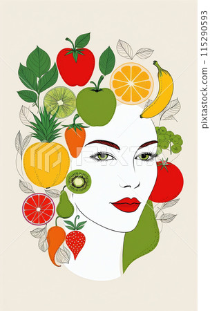 Illustrative depiction of a female face framed by fruits and vegetables for healthy nutrition and healthy skin Illustrative depiction of a female face framed by fruits and vegetables for healthy nutrition and healthy skin 115290593