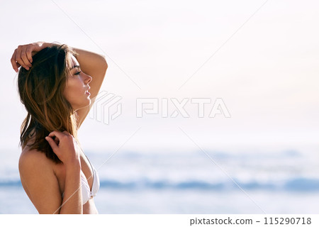 Ocean, happy and woman on holiday in nature, relax and mockup with tourist on the beach with sky. Paradise, travel and weekend getaway, confident and calm or Colombian female person in summer Ocean, happy and woman on holiday in nature, relax and mockup with tourist on the beach with sky. Paradise, travel and weekend getaway, confident and calm or Colombian female person in summer 115290718