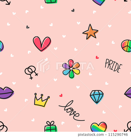 pride month seamless pattern background, with cute cartoon of heart, flower, sex, love isolated on pink background pride month seamless pattern background, with cute cartoon of heart, flower, sex, love isolated on pink background 115290746