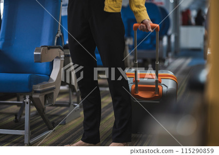Airplane, travel and portrait of woman with journey and backpack. 115290859