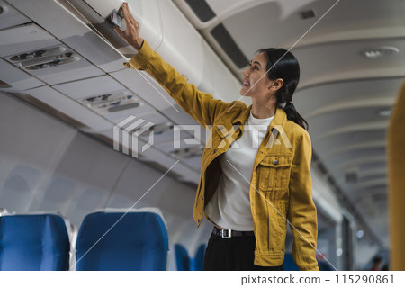 Airplane, travel and portrait of woman with journey and backpack. 115290861