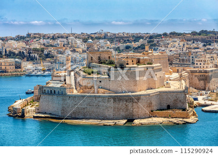 Stone ramparts of Fort St. Angelo, Birgu Malta. 115290924